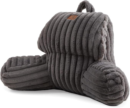 Amélie Home Faux Fur Reading Pillow with Pocket for Sitting in Bed, Kids Backrest Bed Pillow with Washable Cover for Lounging, Study & Relaxing, Grey 17 inches