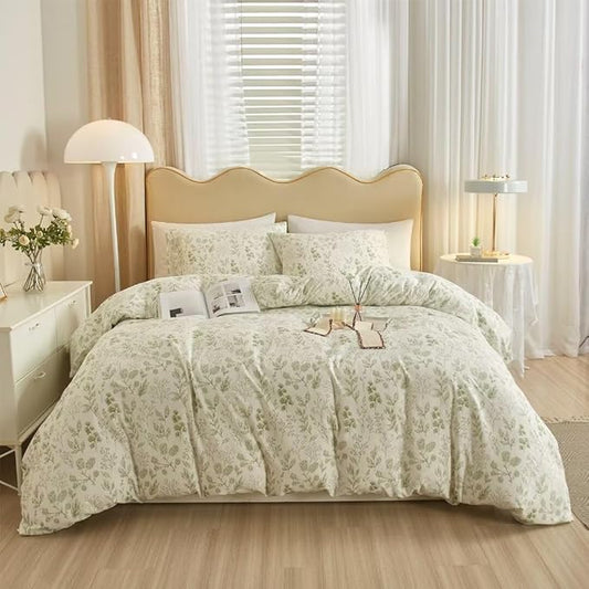 MKXI Country Botanical Comforter Set King Size White with Green Plants Print Lightweight Bedding for Girls All Season Warm Soft Comforter Sage Green Floral