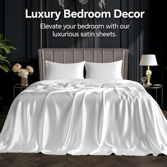 BEDELITE Satin Sheets Queen Size Bed Set, Luxury Soft White Silky Sheets for Hair and Skin, Similar to Silk Bed Sheets Set 4 Pieces (1 Deep Pocket Fitted Sheet, 1 Flat Sheet, and 2 Pillowcases)