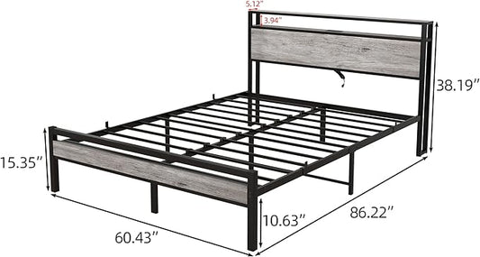 HOJINLINERO Queen Bed Frame with Storage Headboard/Power Outlets/USB Ports Charging Station,Metal Bed Frame Queen Size No Box Spring Needed,Under Bed Storage,Easy Assembly,Warm Grey