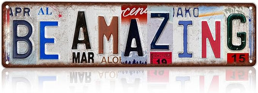 Vintage License Plate Street Sign Metal Sign Be Amazing Motivational Self Love Wall Decor For Teen Girl Bedroom Dorm Office 16x4 Inch