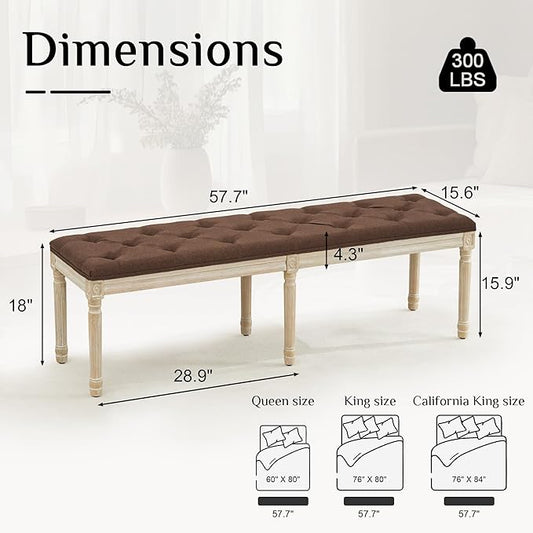 LOULENS 57.7" Linen Fabric End of Bed Bench, French Upholstered Button Tufted Bench for Bedroom End of Bed, Window Seat with Carved Wood Legs for Bedroom, Living Room, Entryway, Brown