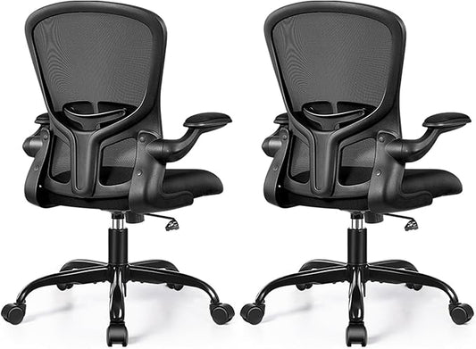 FelixKing Office Desk Chairs, Ergonomic PC Desk Chair with Wheels, Adjustable Lumbar Support and Height, Swivel Computer Chair with Flip-up Armrests, Ergo Mesh Backrest for Working (Black, Pack of 2)