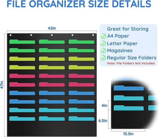 ZKOO 30 Pockets Hanging Wall File Organizer for A4 Size Paper/Legal/ Letter Size Document, Sturdy Wall Mail Organizer Black Pocket Chart Great for Classroom, Office, Home Use with 5 Hangers