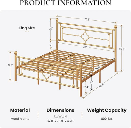 SHA CERLIN 14 Inches King Size Metal Platform Bed Frame/Vintage Iron-Art Headboard and Footboard/Mattress Foundation for Storage/No Box Spring Needed/Noise-Free/Easy Assembly/Gold