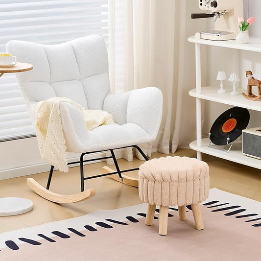 Wimarsbon Storage Ottoman,Soft Faux Fur Footstool with Padded Seat, Small Reading Vanity Chair, Footrest with Wood Tray for Couch, Mini Coffee Table or Display Stand (Beige, Round Storage)