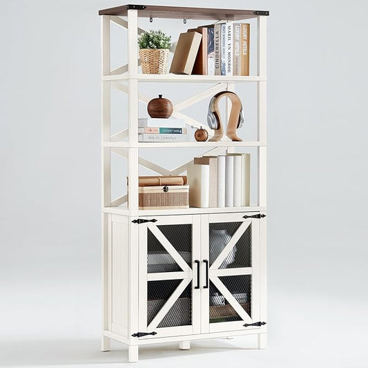 5 Tier Bookshelf 70" Tall Bookcase with Barn Doors,Large Farmhouse Display Book Shelf with Adjustable Shelves and Storage Cabinet,Library Wood Bookshelves for Living Room,Kitchen,Rustic White