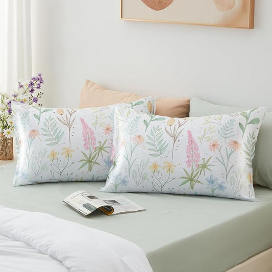 Satin Pillowcase 2 Pack - Multicolor Printed Silk Pillowcase for Hair and Skin 20x30 inches - Satin Pillow Cases Set of 2 with Envelope Closure