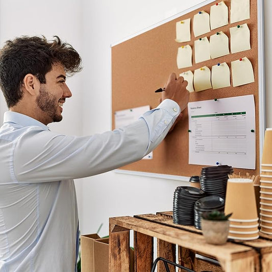 Board2by Large Cork Board Bulletin Board 48 x 36, Silver Aluminium Framed 4x3 Corkboard, Office Board for Wall Cork, Wall Mounted Notice Pin Board with 15 Push Pins for School, Home & Office