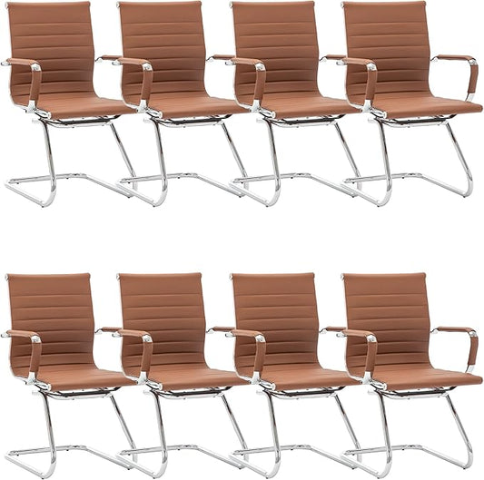 Office Desk Chair Set of 8,No Wheels PU Leather Computer Chairs Mid Back Guest Chairs with Seld Base for School/Reception/Conference/Waiting Room,Cafe