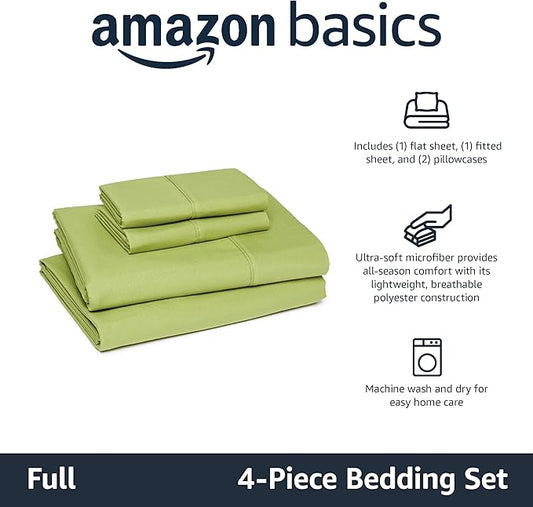Amazon Basics Lightweight Microfiber 4-Piece Bed Sheet Set, Oliver Light, Solid, Full AmazonBasics