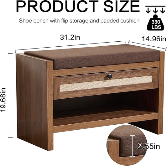 Rattan Shoe Bench Entryway Bench with Storage Drawer and Linen Seat Cushion, Farmhouse Boho Shoe Rack Bench, Wooden Storage Bench for Entryway Hallway and Bedroom - Oak