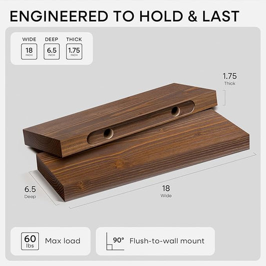 Homeforia Classic Walnut 18 inch Floating Shelf, High End Solid Real Wood Small 18inch Floating Shelves for Wall Mounted, 18in Floating Shelves, Heavy Duty Bracket, 18 X 6.5 X 1.75 inches, Set of 2