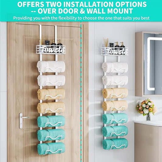 HapiRm Over The Door Towel Rack - 8 Tier Wall Mount Rolled Towel Holder Storage Organizer Shelf with Storage Basket for Small Bathroom, Rv, Camper - White