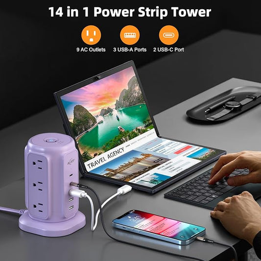 AiJoy Power Strip Tower with 9 Outlets and 5 USB Ports (2 USB C), 1200J Surge Protection, 1625W 6.5ft Flat Plug Extension Cord with Multiple Outlets Extender for Dorm Home Office Supplies, Purple