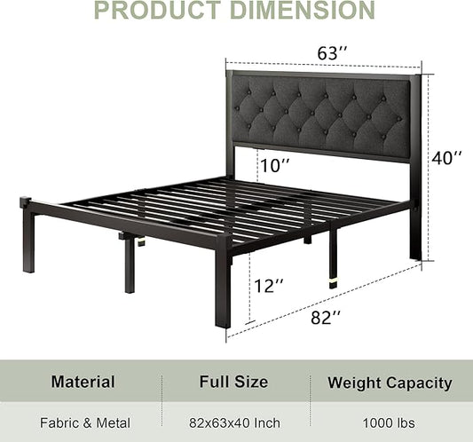 Feonase Queen Size Metal Bed Frame, Heavy-Duty Platform Bed Frame with Linen Upholstered Headboard, 12" Under-Bed Space, Steel Slats Support, No Box Spring Needed, Gray