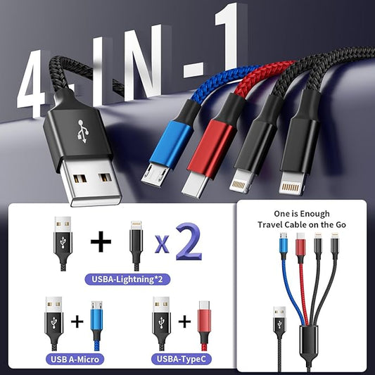 IDISON Travel 4 in 1 Multi Charging Cable with Dual IP/Type C/Micro USB, 2Packs 5FT Car Accessories iPhone Charger Cord for Multiple Devices, Universal USB Cable for iPhone17-8/iPads/Tablets and More