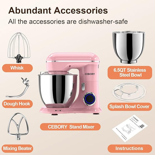 3-IN-1 Electric Stand Mixer, 6.5QT Bowl 660W 10-Speed Kitchen Mixer, Household Food Mixers include Dough Hook, Beater and Whisk, Bread Cake Mixer for Baking and Most Home Cooks, Pink