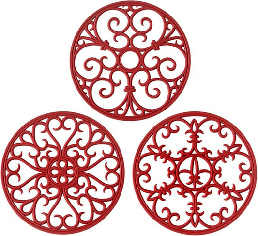 Silicone Trivet Mat - Hot Pot Holder Hot Pads for Table & Countertop - Teapot Trivet Kitchen Trivets - Non-Slip & Heat Resistant Modern Kitchen Hot Pads for Pots & Hot Dish Merlot Red Trivet Set of 3
