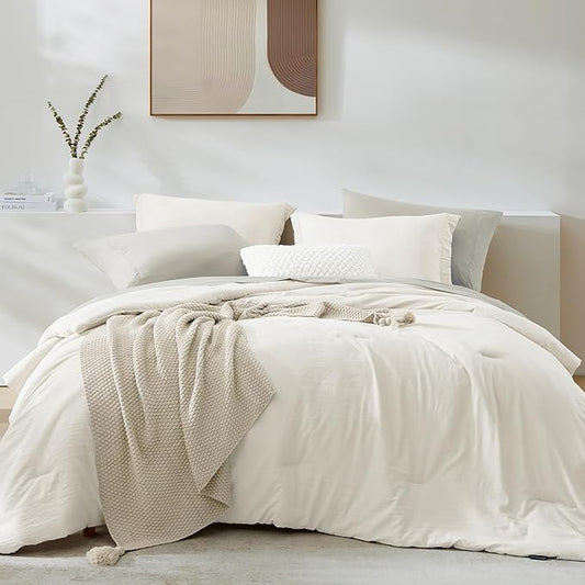 WRENSONGE King Comforter Set, 7 Pieces White Soft Bed in a Bag King with Fitted Sheet, Flat Sheet, 2 Pillow Shams, and 2 Pillowcases- Warm Bedding Set for All Season
