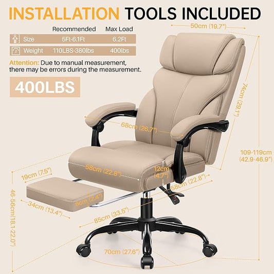 Office Chair, Executive Big and Tall Leather Desk Chairs with Footrest, Ergonomic Breathable Computer Chair with Adjustable High Back, Lumbar Support Swivel PC Chairs with Rocking Function
