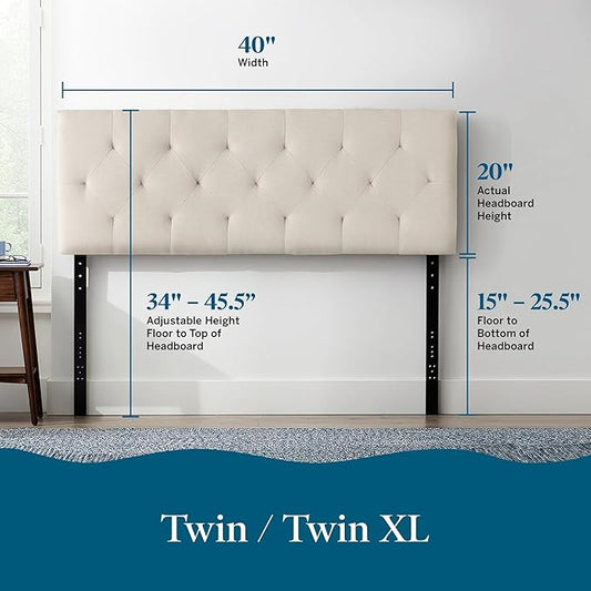Lucid Mid-Rise Upholstered Headboard - Diamond Tufted - Padded Polyester - Adjustable Height from 34” to 46” - Easy Assembly - Bed Frame or Wall Mount - Sturdy - Pearl - Twin / Twin XL Size