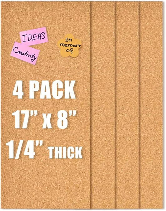 17x8 Cork Tiles, 1/4" Thick Self-Adhesive Vision Board for Home, Office, School (6mm, 4pc)