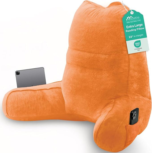 Sasttie Reading Pillow for Bed - 23 Inch, Back Pillow for Bed Sitting Up, Back-Rest Support Cushion with Side Pockets and Arms, Dorm Essentials, Oeko-Tex Certified, Orange