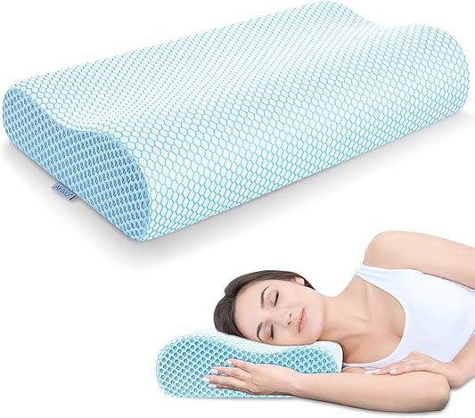 Anvo Memory Foam Pillow, Neck Contour Cervical Orthopedic Bed Pillow for Sleeping Side Back Stomach Sleeper, Ergonomic Design for Neck and Shoulder Pain Relief, Blue White, Firm