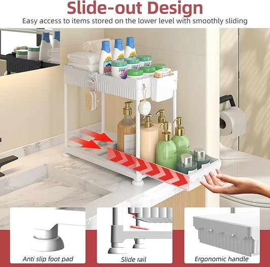 Under Sink Organizer, Bathroom Organizers and Storage, 2 Tier Multi-Use Pull Out Cabinet Organizer with Hang Hooks and Cups (White, 4 Pack)