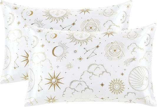 EXQ Home Silky Satin Pillowcase for Hair and Skin,Printed Pillow Cases Standard Size Set of 2 Pink Satin Pillow Case 2 Pack with Envelope Closure( White Moon,20"x26")