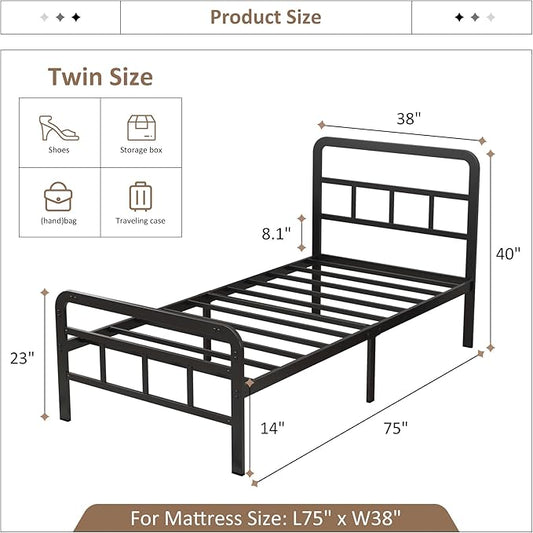 Twin Bed Frames with Headboard and Footboard 14 Inch, Twin Platform Bed Frame with Strong Metal Slats Support, Under-Bed Storage, Noise Free, Easy Assembly, Black