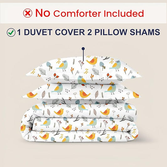 Kotton Culture 3 Pc King Size Duvet Cover Set- 100% Egyptian Cotton Sateen 600 Thread Count Ultra Soft Premium Durable Comforter Cover Zipper Closure & Corner Ties (Forest Birds, King 102"x94")