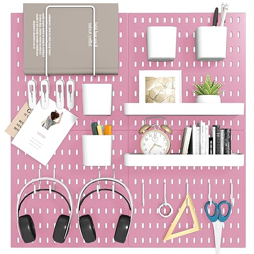 Peg Board Combination Kit, 4 Pegboards with 20 Accessories, Pegboard Wall Organizer for Office, Nursery & Home Storage, Key Holder, 25.6"x25.6" – Nail-Free Installation(Pink)