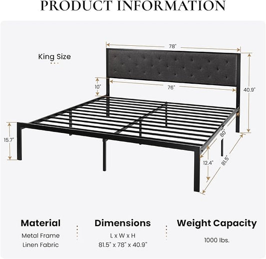 SHA CERLIN King Size Metal Platform Bed Frame,Linen Upholstered Button Tufted Headboard, Mattress Foundation with 12.4” Under-Bed Storage, Noise-Free, Easy Assembly, No Box Spring Needed, Dark Grey