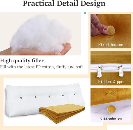 Headboard Wedge Pillow Large Bolster Reading Pillows for Sitting in Bed Adult, Velvet Triangular Cushion Backrest Lumbar Back Support Upholstered Daybed Sit Up Book Pillows(Yellow, Queen)