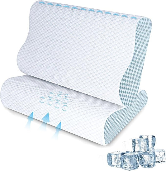 2 Pack Memory Foam Cooling Bed Pillows for Sleeping, Ergonomic Cervical Pillow for Neck and Shoulder Pain Relief, Adjustable Cold Pillow Set of 2,with Pillowcase(Blue)
