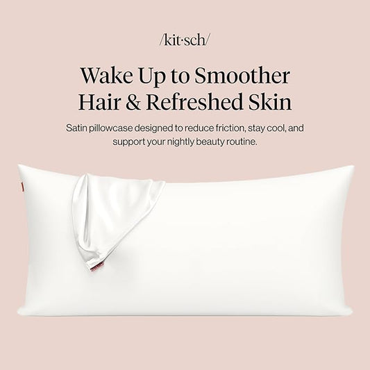 Kitsch Satin Pillowcase with Zipper for Hair & Skin, Softer Than Silk Pillow Cases Queen, Wrinkle-Free, Smooth and Cooling Satin Pillow Covers, King Size 19"x36" - Ivory, 2pcs