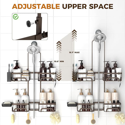 REINHARDT Shower Caddy Hanging for Handheld Showerheads Adjustable Split Shower Caddy, Rustproof Shower Organizer with Hooks for Razor Over the Head Caddy with Soap Holder Bathroom Accessories, Bronze