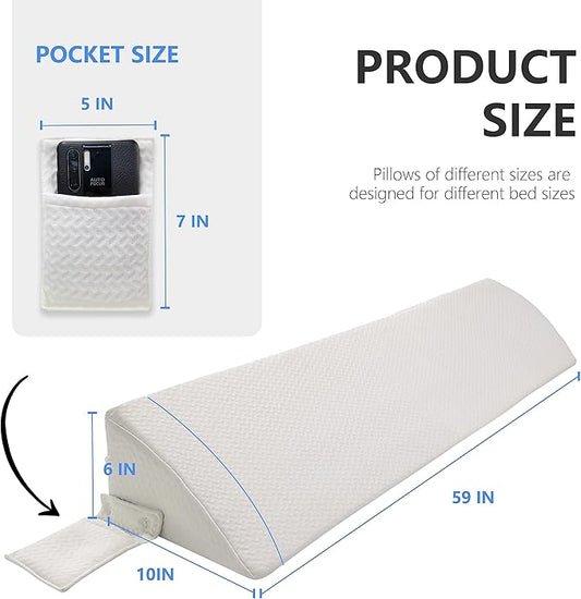 Bed Wedge Pillow for Headboard Gap Bed Mattress Gap Filler (0-8") Between Headboard/Wall and Mattress White Queen Size Foam Support Triangle Bloster Pillow Stoppers with 2 Pockets