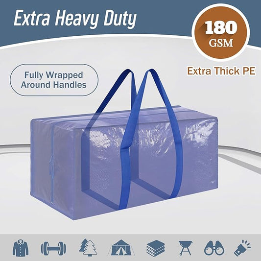 6 Pack Extra Heavy Duty Large Moving Bags with Strong Zipper & Comfortable Handles, Sturdy & Durable Clothes Storage Bags Totes Bins, Packing Moving Boxes for College Supplies, Blue