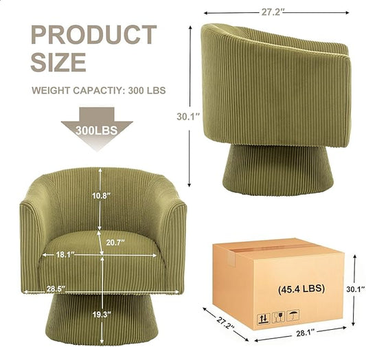 Swivel Accent Chair, Modern 360° Barrel Chair, Corduroy Upholstered Single Sofa for Living Room, Bedroom(Green)