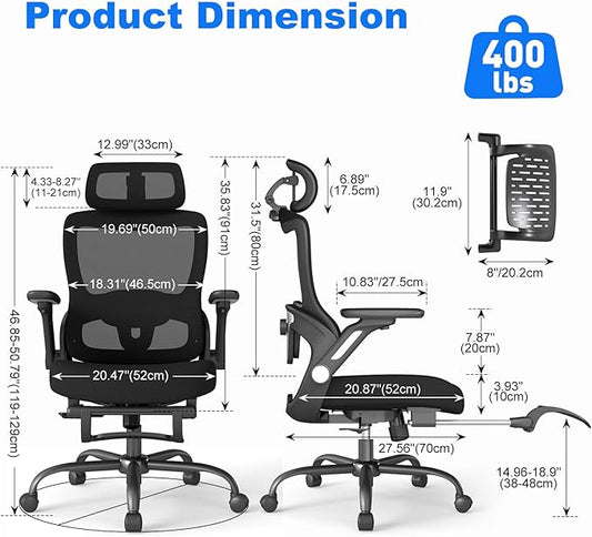 ZZH Ergonomic Office Chair with Footrest, High-Back Home Desk Chair with Adjustable Lumbar Support, Headrest, Flip-Up Arms, 90-135° Tilt Lock, and Wide Cushion, Big and Tall Mesh Computer Seating