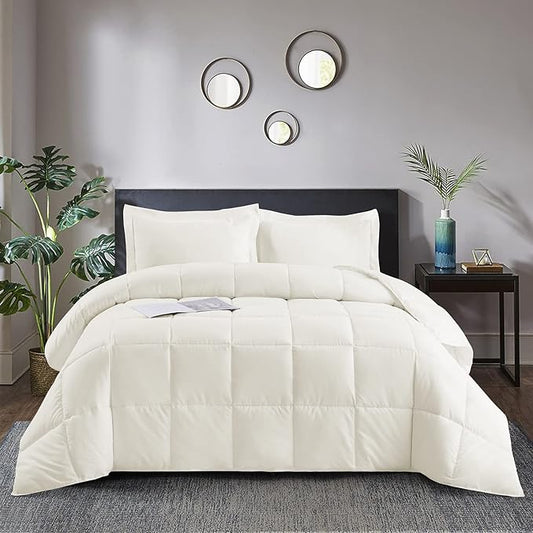 HIG 3pc Down Alternative Comforter Set - All Season Reversible Comforter with Sham - Quilted Duvet Insert with Corner Tabs - Box Stitched - Super Soft, Fluffy (Twin/Twin XL, Ivory)