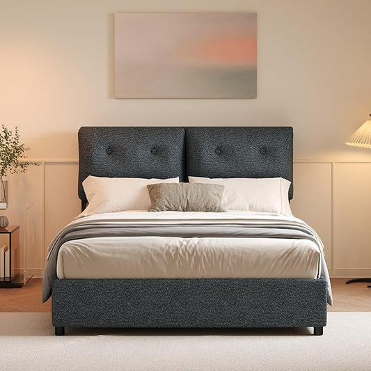 Queen Bed Frame with Headboard, Cloud Boucle Upholstered Bed Frame, Modern Soft Style, Adjustable Headboard, No Box Spring Needed, Easy Assembly, Dark Grey