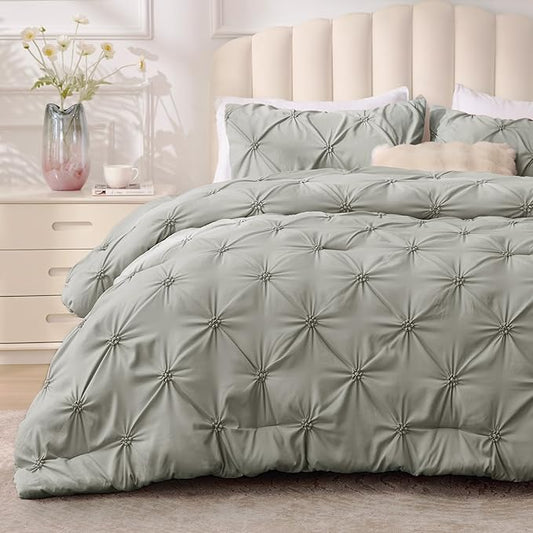 BEDELITE Grey King Size Comforter Set - 3 Pieces Boho Pintuck Bedding Comforter Sets, Lightweight Soft & Warm King Bedding Set with 2 Pillowcases for All Season