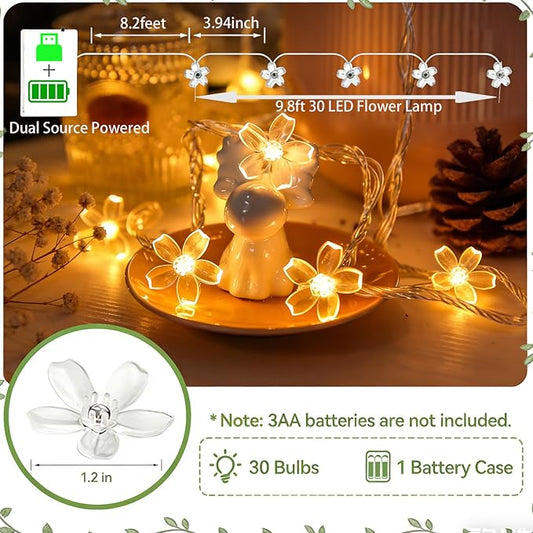 Fairy Flower String Lights Battery USB Operated, 10ft 30 LED Decorative Cute Cherry Blossom Floral Lamp for Bedroom, Christmas, Parties, Wedding, Centerpiece, Dorm Indoor Decoration (Warm White)
