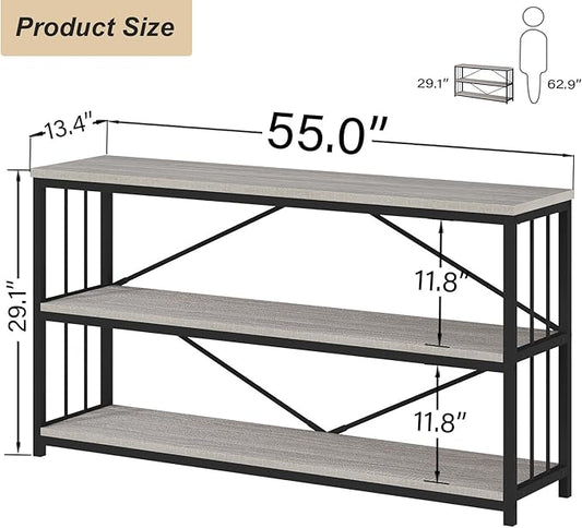 HSH Gray Bookshelf, Industrial Wood Metal Long Bookcase with Storage, Open 3 Tier Bookshelves for Bedroom Living Room, Farmhouse Wooden Etagere Book Shelf for Home Office, Light Grey Oak, 55 Inch