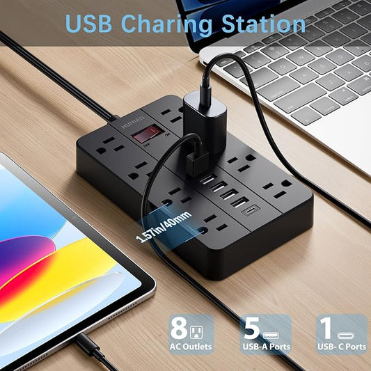 Power Strip with USB Ports, HUNIAN 5 Ft Extension Cord Flat Plug with 8 Outlets, 6 USB Charger(1 USB C Port), Indoor Desk Charging Station Surge Protector for Home and Office Accessories, Black