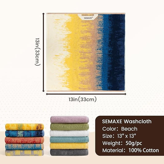 SEMAXE 100% Cotton Washcloths for Bathroom - 24 Pack, Quick-Dry Face Towels with Hanging Loop, Highly Absorbent and Soft, 13x13 Inch, Yellow | Brown | Blue